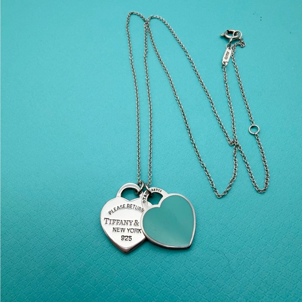 Tiffany & Co. 16-18” Adjustable Blue Enamel Double Rtt Small Hearts Necklace - Picture 3 of 9